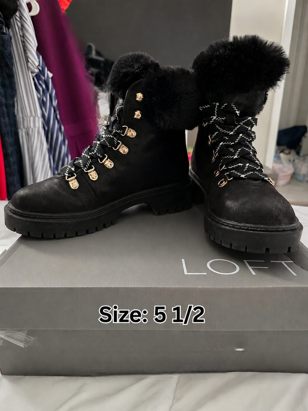 LOFT Black Faux-Fur Trim Lace-Up Hiking Boots